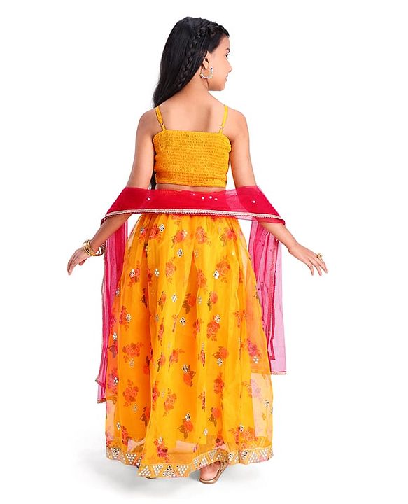 Pine Kids Woven  Singlet Sleeves Mirror & Floral Embroidered Choli Lehenga Set with Dupatta - Mustard