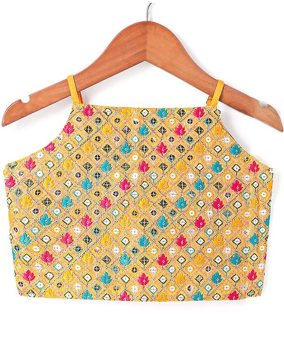 Pine Kids Woven  Singlet Sleeves Mirror & Floral Embroidered Choli Lehenga Set with Dupatta - Mustard