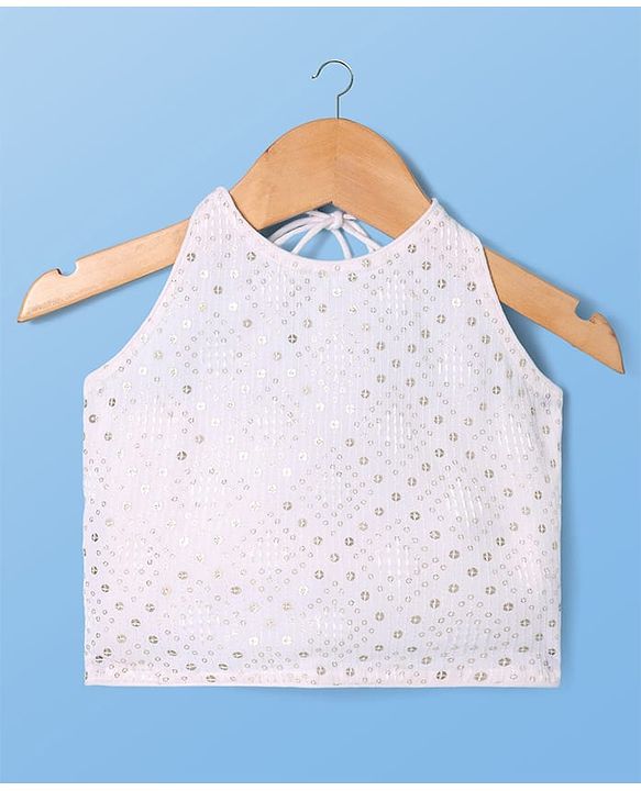 Pine Kids Woven Sleeveless Sequins Detailing Choli with Floral Printed Lehenga & Dupatta Set - Mustard & White