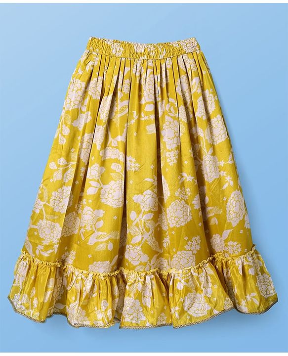 Pine Kids Woven Sleeveless Sequins Detailing Choli with Floral Printed Lehenga & Dupatta Set - Mustard & White