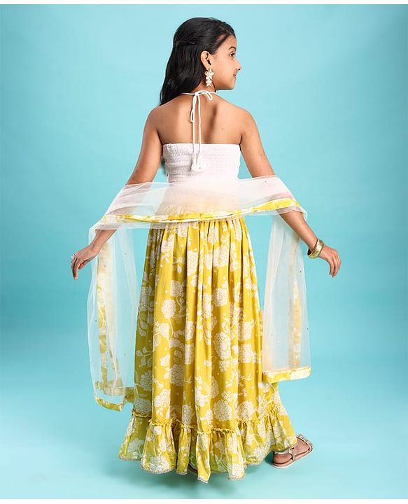 Pine Kids Woven Sleeveless Sequins Detailing Choli with Floral Printed Lehenga & Dupatta Set - Mustard & White