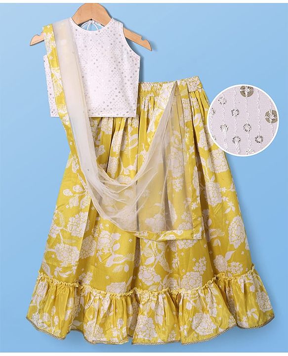 Pine Kids Woven Sleeveless Sequins Detailing Choli with Floral Printed Lehenga & Dupatta Set - Mustard & White