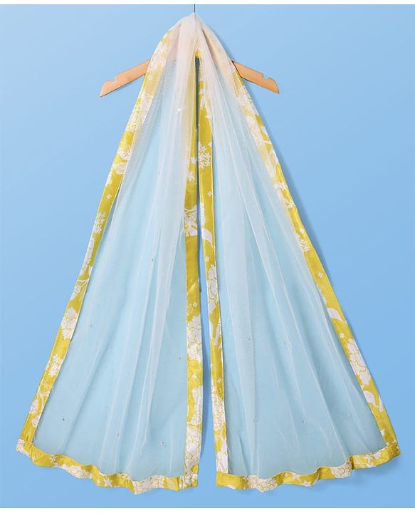 Pine Kids Woven Sleeveless Sequins Detailing Choli with Floral Printed Lehenga & Dupatta Set - Mustard & White