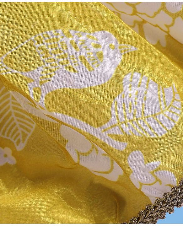 Pine Kids Woven Sleeveless Sequins Detailing Choli with Floral Printed Lehenga & Dupatta Set - Mustard & White