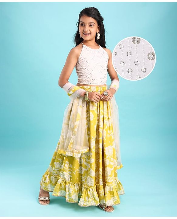 Pine Kids Woven Sleeveless Sequins Detailing Choli with Floral Printed Lehenga & Dupatta Set - Mustard & White