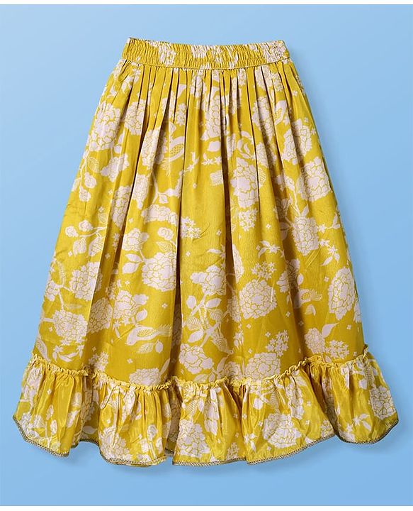 Pine Kids Woven Sleeveless Sequins Detailing Choli with Floral Printed Lehenga & Dupatta Set - Mustard & White