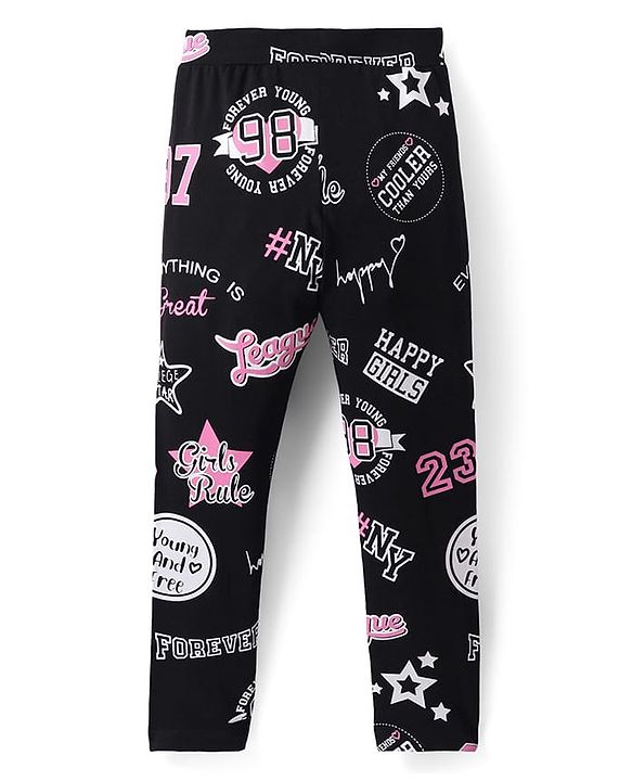 Pine Kids Cotton Lycra Knit Full Length Leggings Text Print - Black