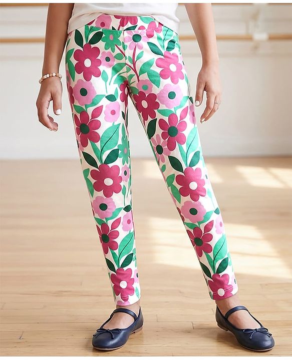 Pine Kids Cotton Lycra Knit Full Length Legging With Floral Print - White