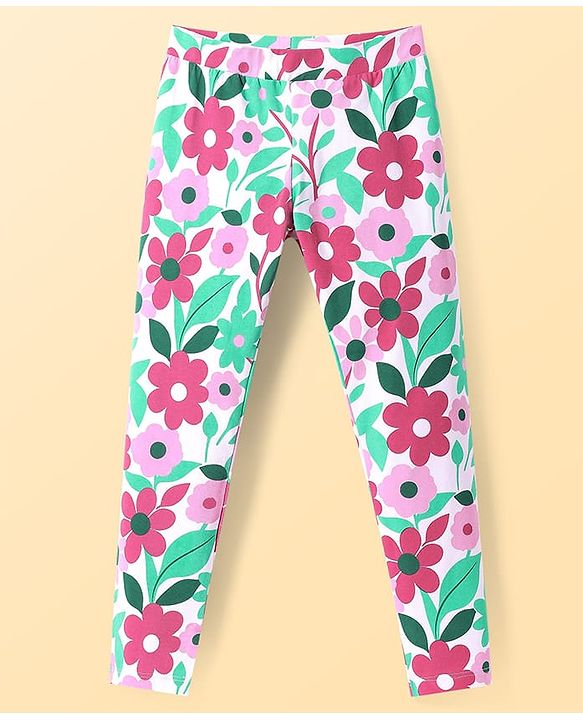 Pine Kids Cotton Lycra Knit Full Length Legging With Floral Print - White