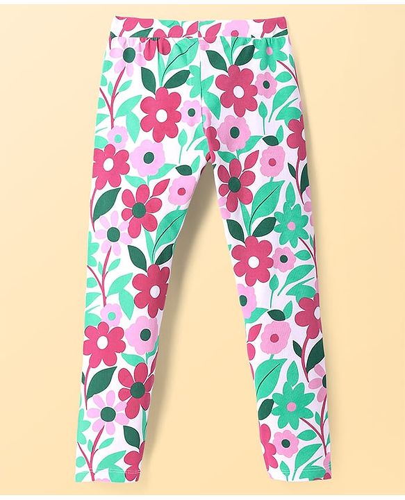 Pine Kids Cotton Lycra Knit Full Length Legging With Floral Print - White