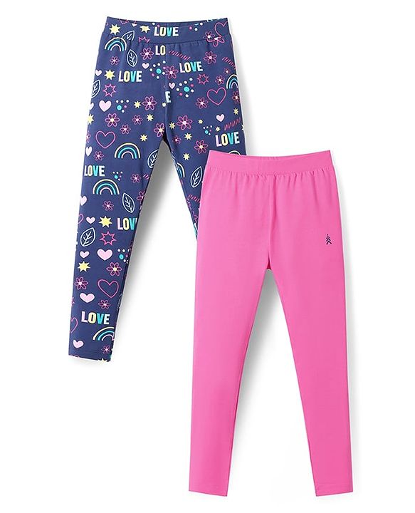 Pine Kids Cotton Lycra Knit Full Length Solid & Floral Printed Leggings Pack of 2 - Navy Blue & Dark Pink