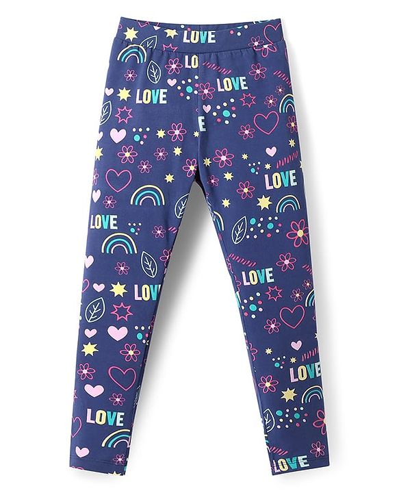 Pine Kids Cotton Lycra Knit Full Length Solid & Floral Printed Leggings Pack of 2 - Navy Blue & Dark Pink