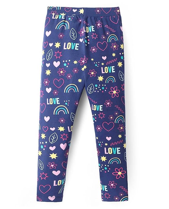 Pine Kids Cotton Lycra Knit Full Length Solid & Floral Printed Leggings Pack of 2 - Navy Blue & Dark Pink