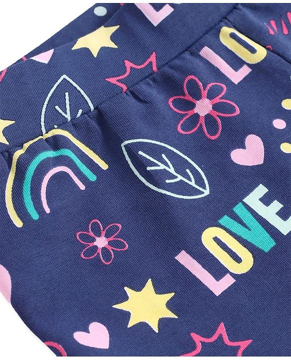 Pine Kids Cotton Lycra Knit Full Length Solid & Floral Printed Leggings Pack of 2 - Navy Blue & Dark Pink