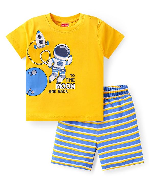 Babyhug Cotton Knit Half Sleeves Shorts Night Suit with Space Theme Print & Stripes - Yellow