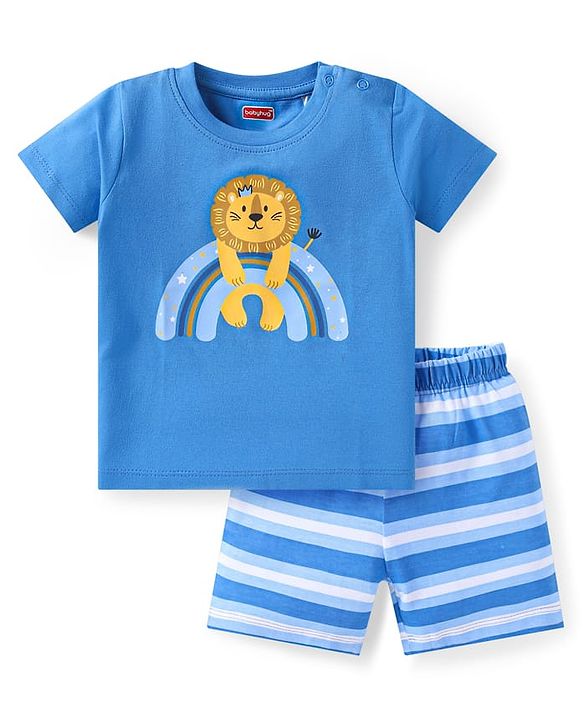 Babyhug Cotton Knit Half Sleeves Shorts Night Suit with Stripes & Lion Print - Blue