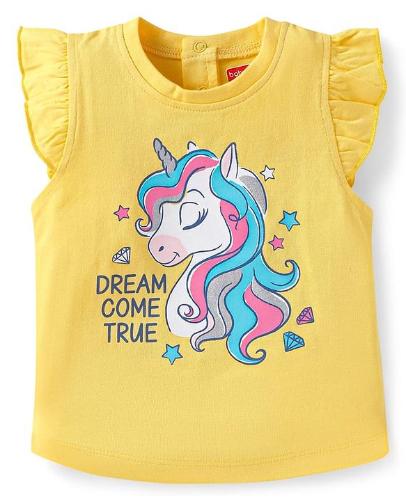 Babyhug Cotton Knit Frill Sleeves Shorts Night Suit with Star & Unicorn Print - Yellow & Navy Blue