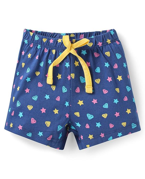 Babyhug Cotton Knit Frill Sleeves Shorts Night Suit with Star & Unicorn Print - Yellow & Navy Blue
