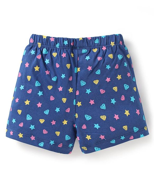 Babyhug Cotton Knit Frill Sleeves Shorts Night Suit with Star & Unicorn Print - Yellow & Navy Blue