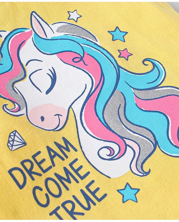 Babyhug Cotton Knit Frill Sleeves Shorts Night Suit with Star & Unicorn Print - Yellow & Navy Blue