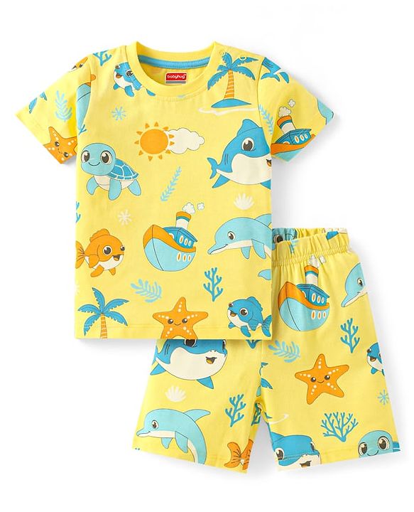 Babyhug Cotton Knit Half Sleeves Shorts Night Suit With Sea Animals Print - Yellow