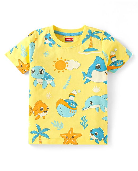 Babyhug Cotton Knit Half Sleeves Shorts Night Suit With Sea Animals Print - Yellow