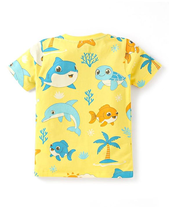 Babyhug Cotton Knit Half Sleeves Shorts Night Suit With Sea Animals Print - Yellow