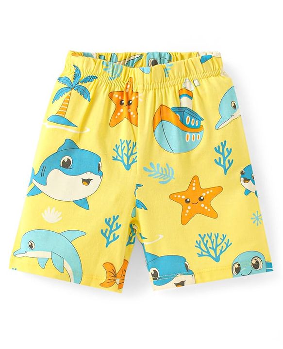 Babyhug Cotton Knit Half Sleeves Shorts Night Suit With Sea Animals Print - Yellow