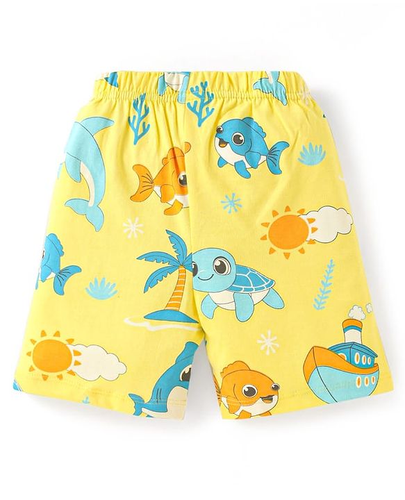 Babyhug Cotton Knit Half Sleeves Shorts Night Suit With Sea Animals Print - Yellow
