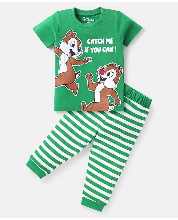 Babyhug Disney Single Jersey Knit Half Sleeves Night Suit With Chip N Dale Graphic -  Green & White