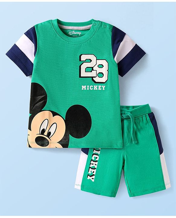 Babyhug Disney Single Jersey Knit Half Sleeves Cut & Sew T-Shirt & Shorts Set with Mickey Mouse Graphics - Green