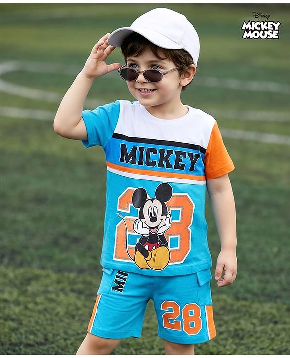 Babyhug Disney Single Jersey Knit Half Sleeve Cut & Sew Shorts Night Suit With Mickey Mouse Graphic - Light Blue