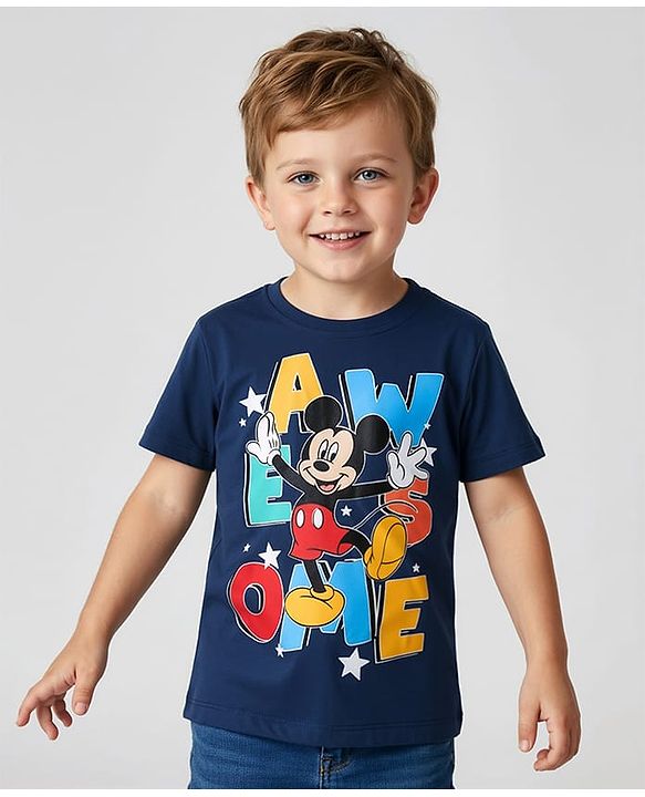 Babyhug Disney Single Jersey Knit Half Sleeves T-Shirt with Mickey Mouse Graphic - Navy Blue