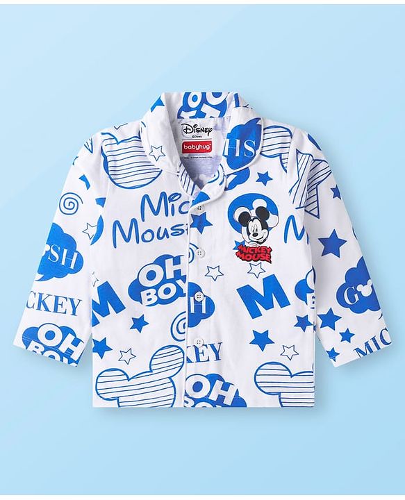 Babyhug Disney Single Jersey Knit Full Sleeves  Front Open Night Suit with Mikcey Mouse Graphic - White & Blue