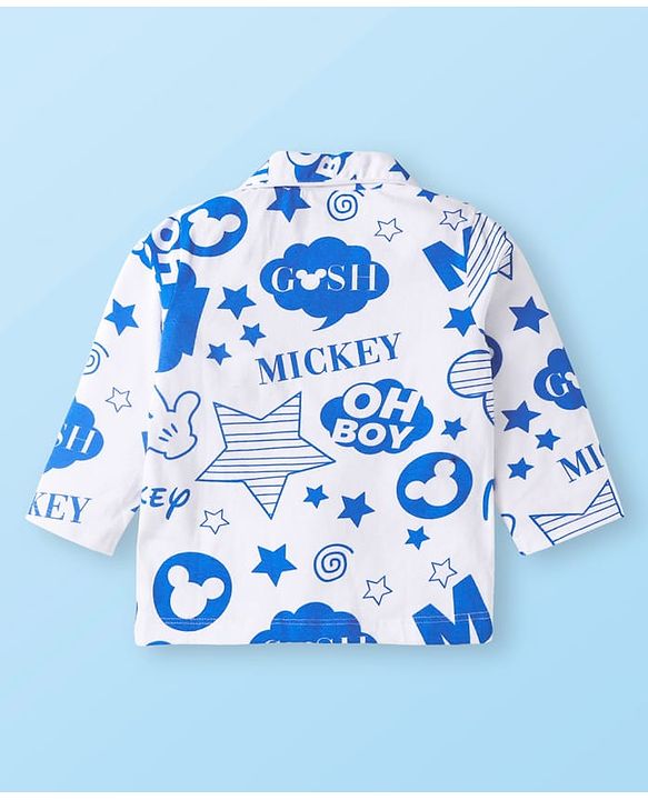 Babyhug Disney Single Jersey Knit Full Sleeves  Front Open Night Suit with Mikcey Mouse Graphic - White & Blue