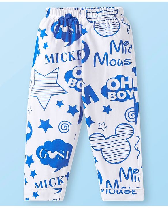 Babyhug Disney Single Jersey Knit Full Sleeves  Front Open Night Suit with Mikcey Mouse Graphic - White & Blue