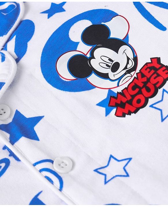 Babyhug Disney Single Jersey Knit Full Sleeves  Front Open Night Suit with Mikcey Mouse Graphic - White & Blue