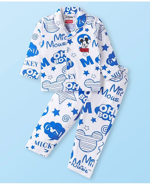 Babyhug Disney Single Jersey Knit Full Sleeves  Front Open Night Suit with Mikcey Mouse Graphic - White & Blue