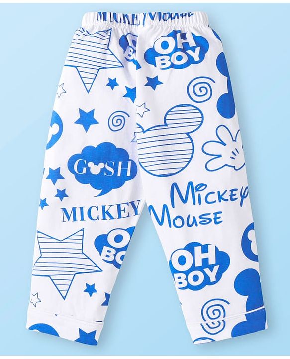 Babyhug Disney Single Jersey Knit Full Sleeves  Front Open Night Suit with Mikcey Mouse Graphic - White & Blue