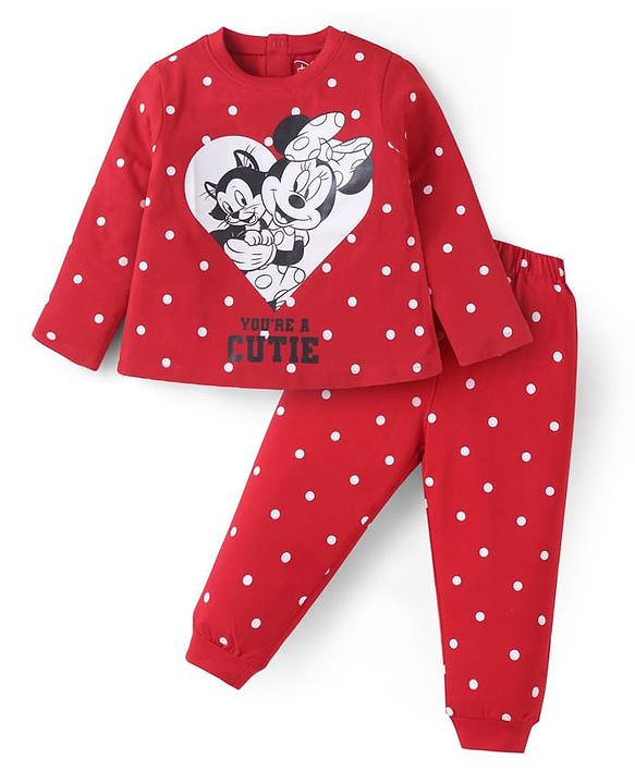 Babyhug Disney Single Jersey Knit Full Sleeves Night Suit with Minnie Mouse Graphics - Red