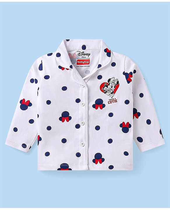 Babyhug Disney Single Jersey Knit Full Sleeves Co-ords Front Open Night Suit with Minnie Mouse Graphics - White