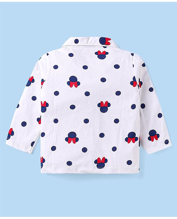 Babyhug Disney Single Jersey Knit Full Sleeves Co-ords Front Open Night Suit with Minnie Mouse Graphics - White