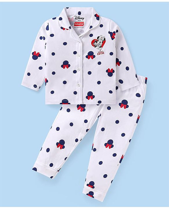 Babyhug Disney Single Jersey Knit Full Sleeves Co-ords Front Open Night Suit with Minnie Mouse Graphics - White