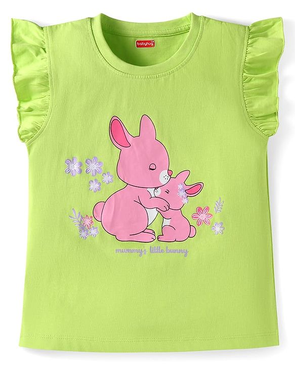Babyhug Cotton Knit Frill Sleeves Night Suit with Bunny Print - Green