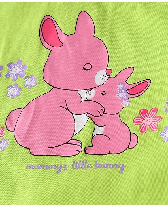 Babyhug Cotton Knit Frill Sleeves Night Suit with Bunny Print - Green