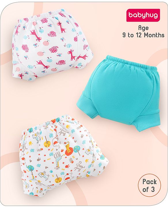 Babyhug 100% Cotton Padded Underwear Training Diapers Animals Print Pack of 3 Size 2 - Multicolor