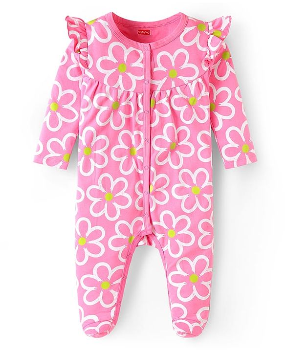 Babyhug Cotton Knit Full Sleeves Footed Sleep Suit with Floral Print & Frill Detailing - Pink