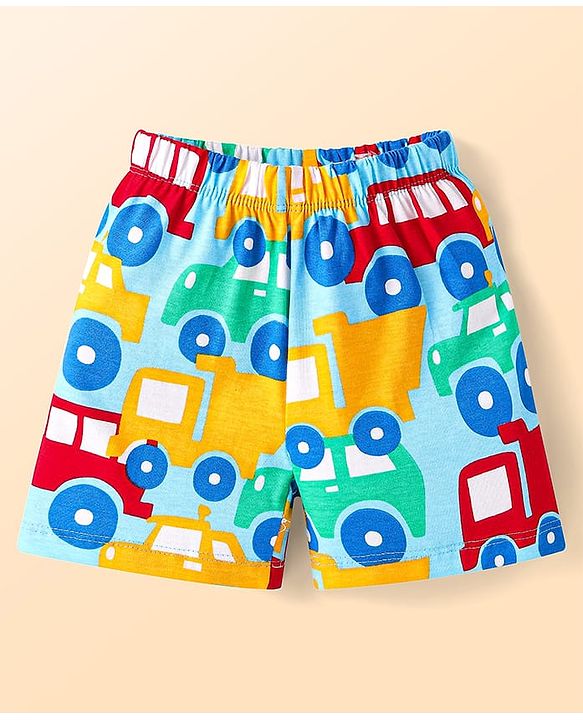 Babyhug Cotton Knit Half Sleeves Shorts Night Suit With Car Print - Light Blue