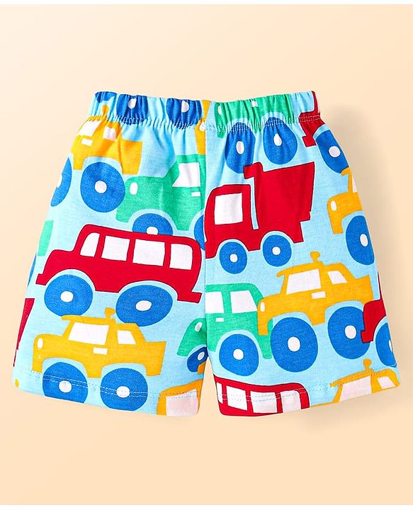 Babyhug Cotton Knit Half Sleeves Shorts Night Suit With Car Print - Light Blue
