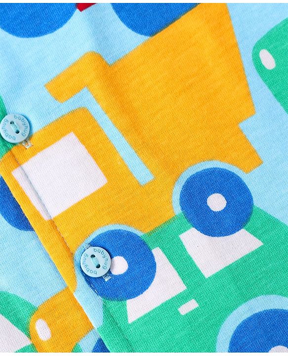 Babyhug Cotton Knit Half Sleeves Shorts Night Suit With Car Print - Light Blue